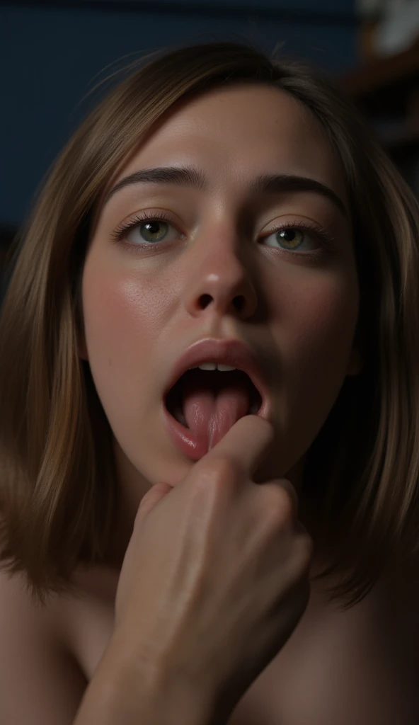 Foto de Emmy rossum, desde arriba, POV, delgada, en una cama, realista, a cuatro patas, top down view, muy brillante, (Best quality, 8k, 32k, Masterpiece, UHD:1.2), desnudo, cara detallada, deepthroating the photographers dick, cum all over her face, frame grid, pov