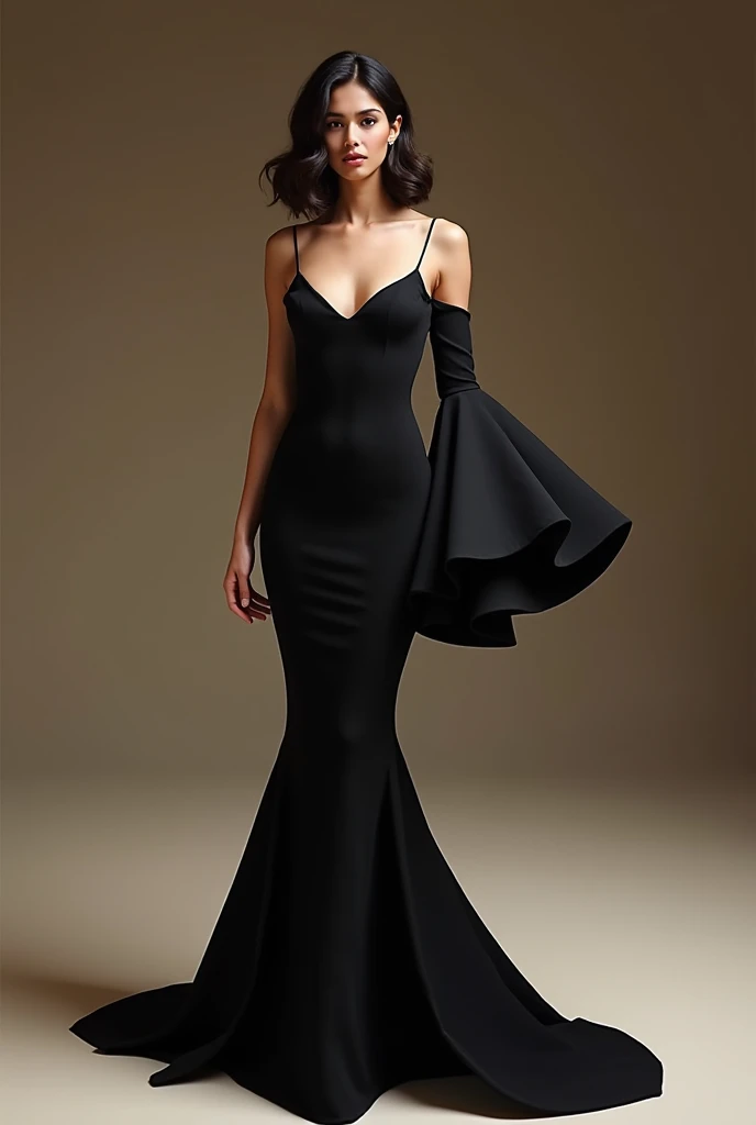 A very pretty and very long black dress with a low neckline and short sleeves and black tights and high heels.