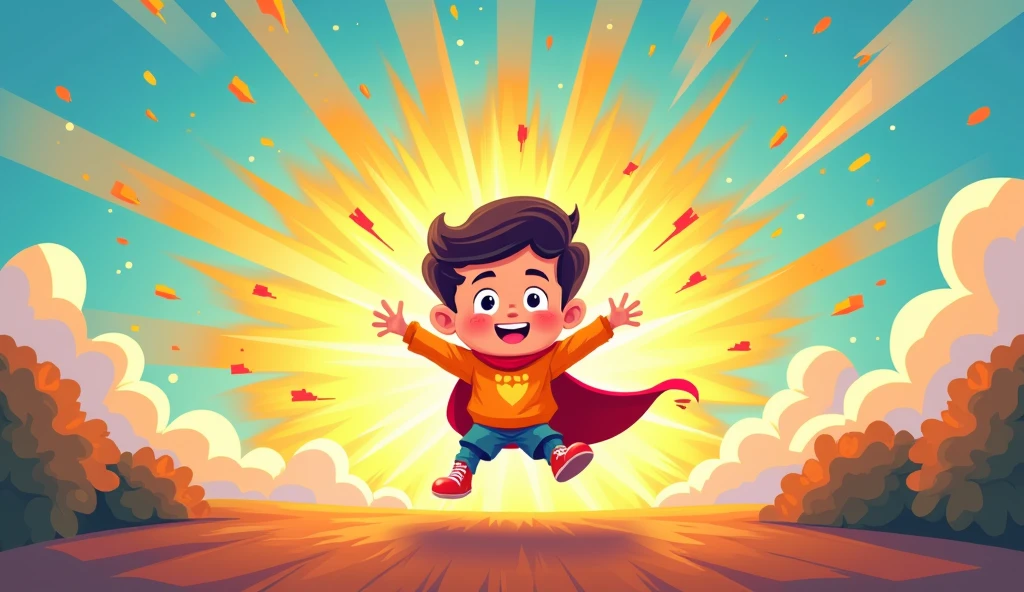 a boy with a red cape carrying clouds A boy in a red and white striped shirt