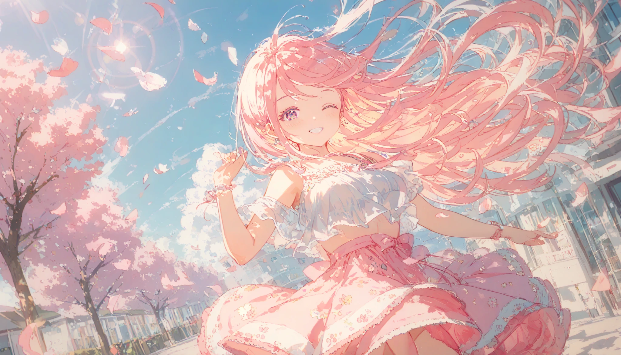 absurderes, hight resolution, (Anime style:1.1), ((masutepiece)), ((Best Quality)), (Ultra-detailed), (Beautiful), solo, Beautiful face、(liftup),Cute  standing on the street in Mediterranean port city,Wind,Pink colorful hair, Colorful eyes,Cute summer casual clothes,Blue sky,Closed eyes,Looking at Viewer,Lens Flare,Dramatic, Coastal、(The skirt flutters in the wind:1.3)、A smile、miku hatsune ,kawaii ,cute
