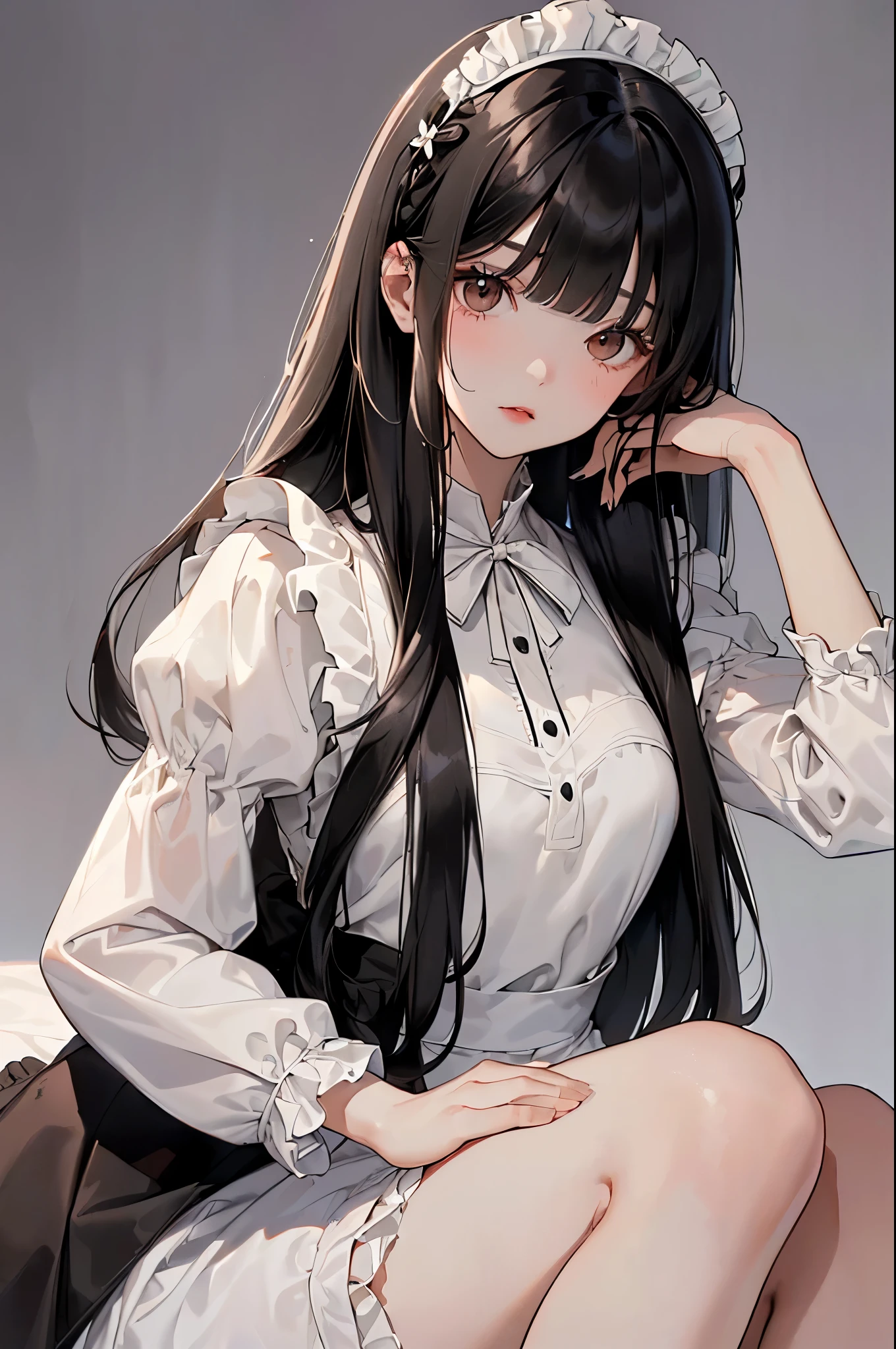 nixeu, ahri, ahri_\(league_of_legends\), 1girl, animal_ears, artist_name, bangs, black_hair, black_skirt, blue_ribbon, blurry, blurry_background, collared_shirt, facial_mark, flower, fox_ears, grey_flower, hair_flower, hair_ornament, highres, league_of_legends, long_hair, looking_at_viewer, neck_ribbon, orange_eyes, parted_lips, pleated_skirt, ribbon, shirt, sitting, skirt, solo, teeth, whisker_markings, white_shirt, 1girl, sex doll, sextoy, naked artificial rubble white skin, shiny wax body texture.