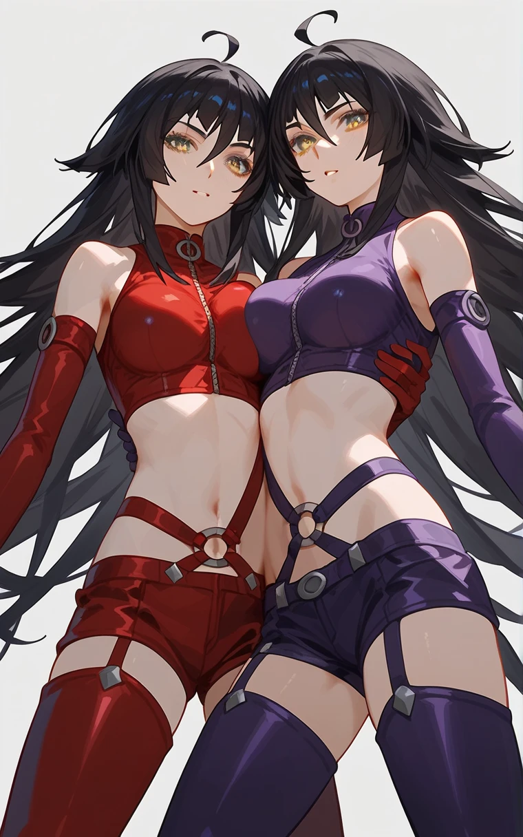 Two mother and daughter with black hair, blue armor that only covers their breasts and their bare stomachs are ready to fight with a mother and daughter with blonde hair, with red armor that only covers their breasts and their stomachs are bare. Two groups hate each other, the mothers are 30 years old and the girls are , the girls are shorter and the mothers are taller. They argue and the girls get ready to attack each other with anger