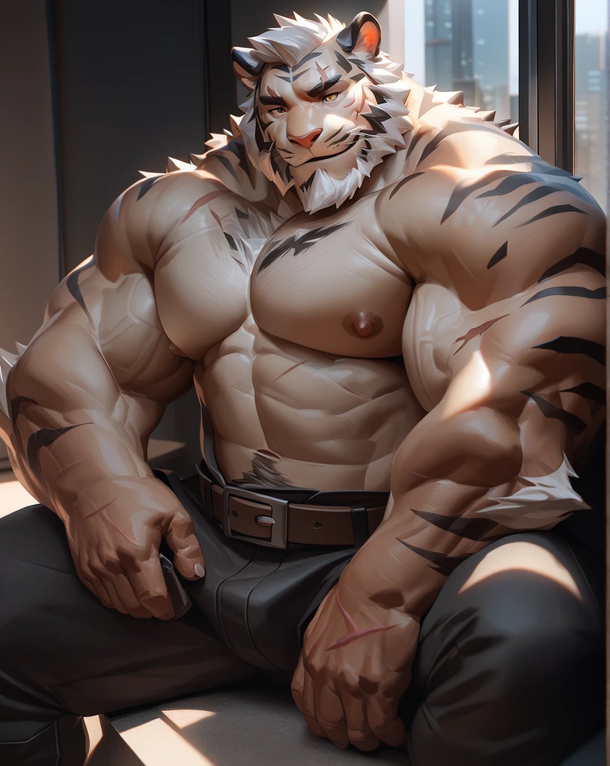 ((best quality)), ((masterpiece)), (detailed), Perfect face,A muscular gray-haired tiger,Has big blue eyes,Lying in bed,There are no clothes all over the body,On the right foot is a dark red large aj basketball sneaker,Left foot in black,Place your hands naturally on top,sweat,Some nervousness,