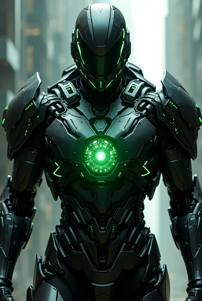 Make a highly technological black armor with green energy running through the entire armor and in the center of the a Core with that green energy.