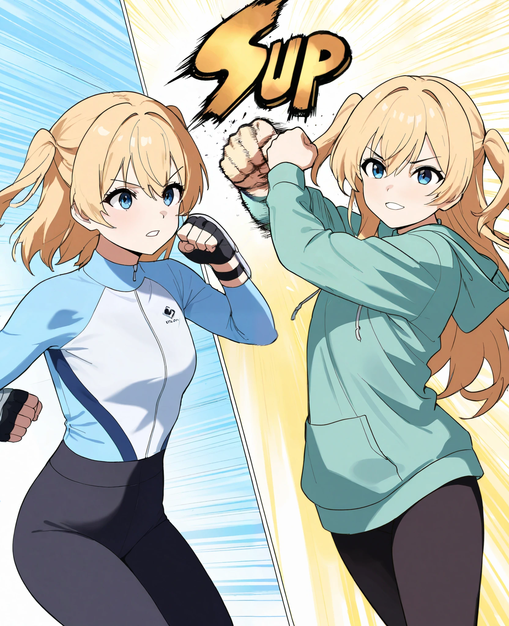 Japanese Women,( female 1: 1.8), Long Golden Hair,Two side hair, light blue rash guard , Green Hoodie , Black Leggings, (blue eyes), flat chest,Dairy-free, standing picture , cowboy shot,Handguard, fighting pose, punching , dynamic composition,Brave expression