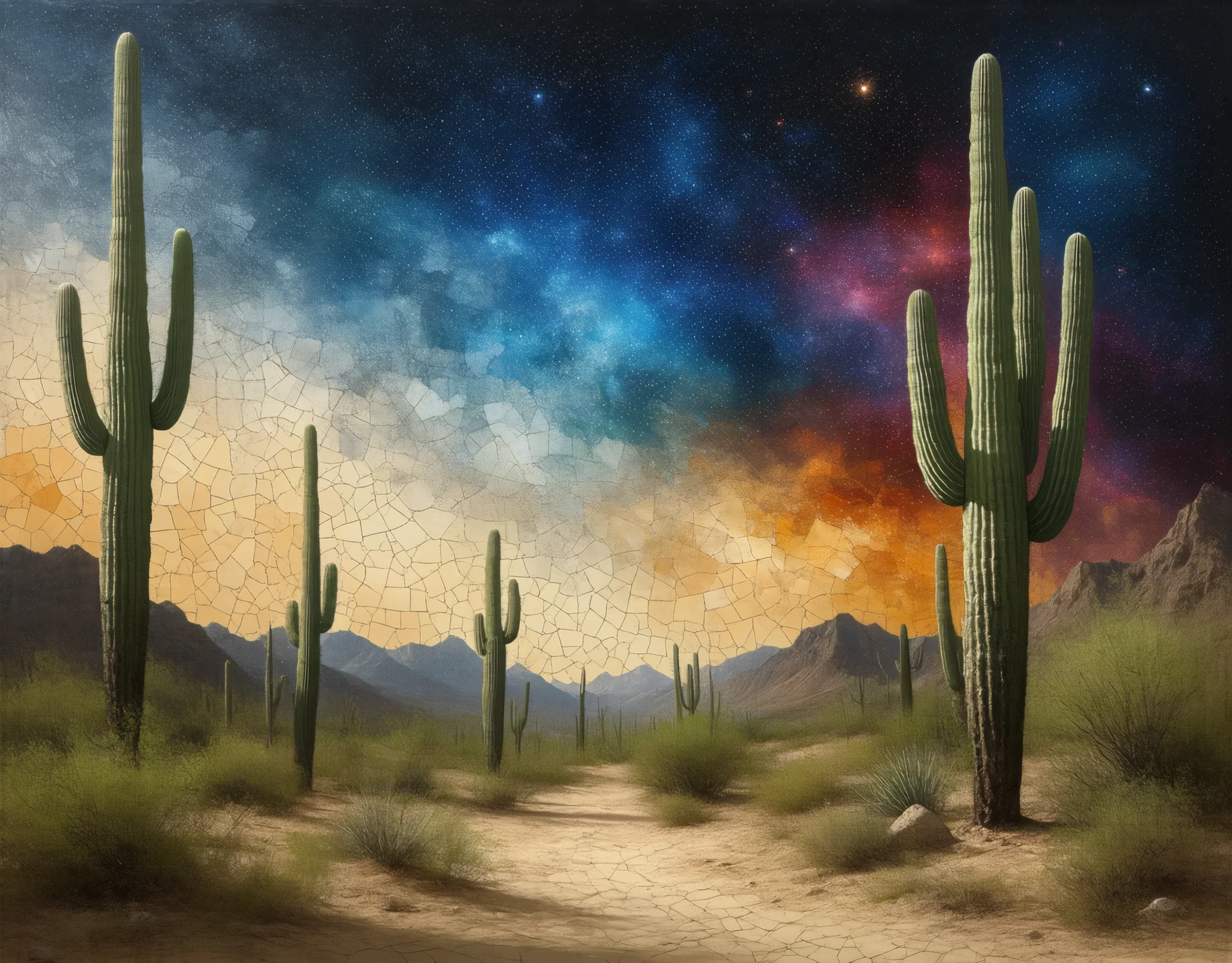 a surreal oil painting, a vast desert with saguaro cacti under a fractured mosaic sky, the sky is composed of colorful geometric shapes, creating a sense of a crack or break in the sky, impasto technique, vibrant and contrasting colors, dramatic lighting, a clear cloudless sky
