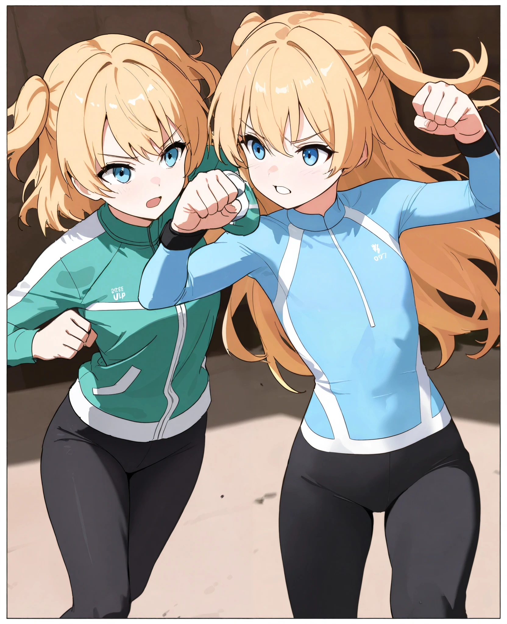 Japanese Women,( female 1: 1.8), Long Golden Hair,Two side hair, light blue rash guard , green jacket , Black Leggings, (blue eyes), flat chest,Dairy-free, standing picture , cowboy shot,Handguard, fighting pose, punching , dynamic composition,Brave expression