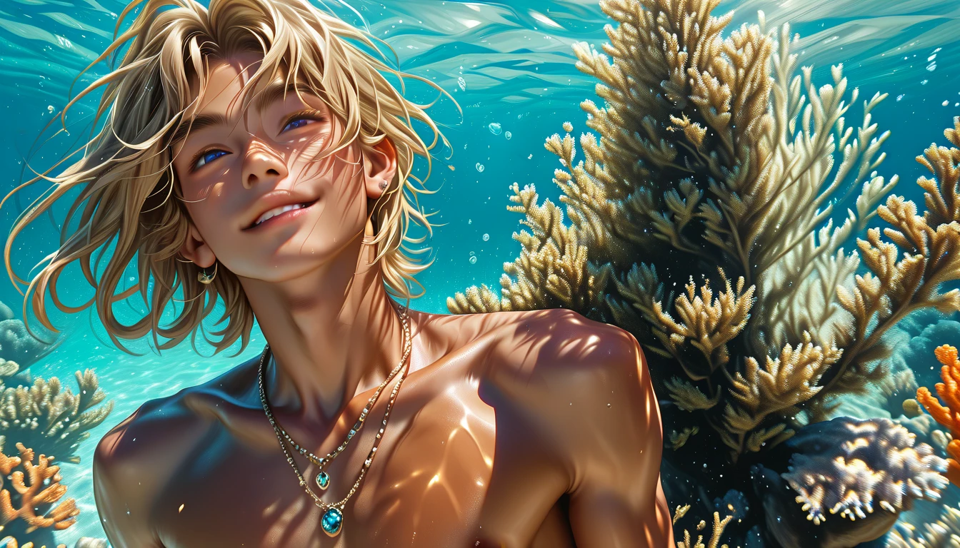 a young male tritton with medium-length blond hair, freckles, scales on certain parts of body, underwater, fish, coral, submarine vegetation, shell, clear water, tritton, long eyelashes, realistic, photorealistic, photo-realistic:1.37, 4k, ultra-detailed, extremely detailed, hyperrealistic, highly detailed, masterpiece:1.2, vibrant colors, natural lighting, cinematic, dramatic, fantasy, magical, surreal, ethereal, serene, tranquil, atmospheric, bubble, no clothes, fish man, anemone, corals.