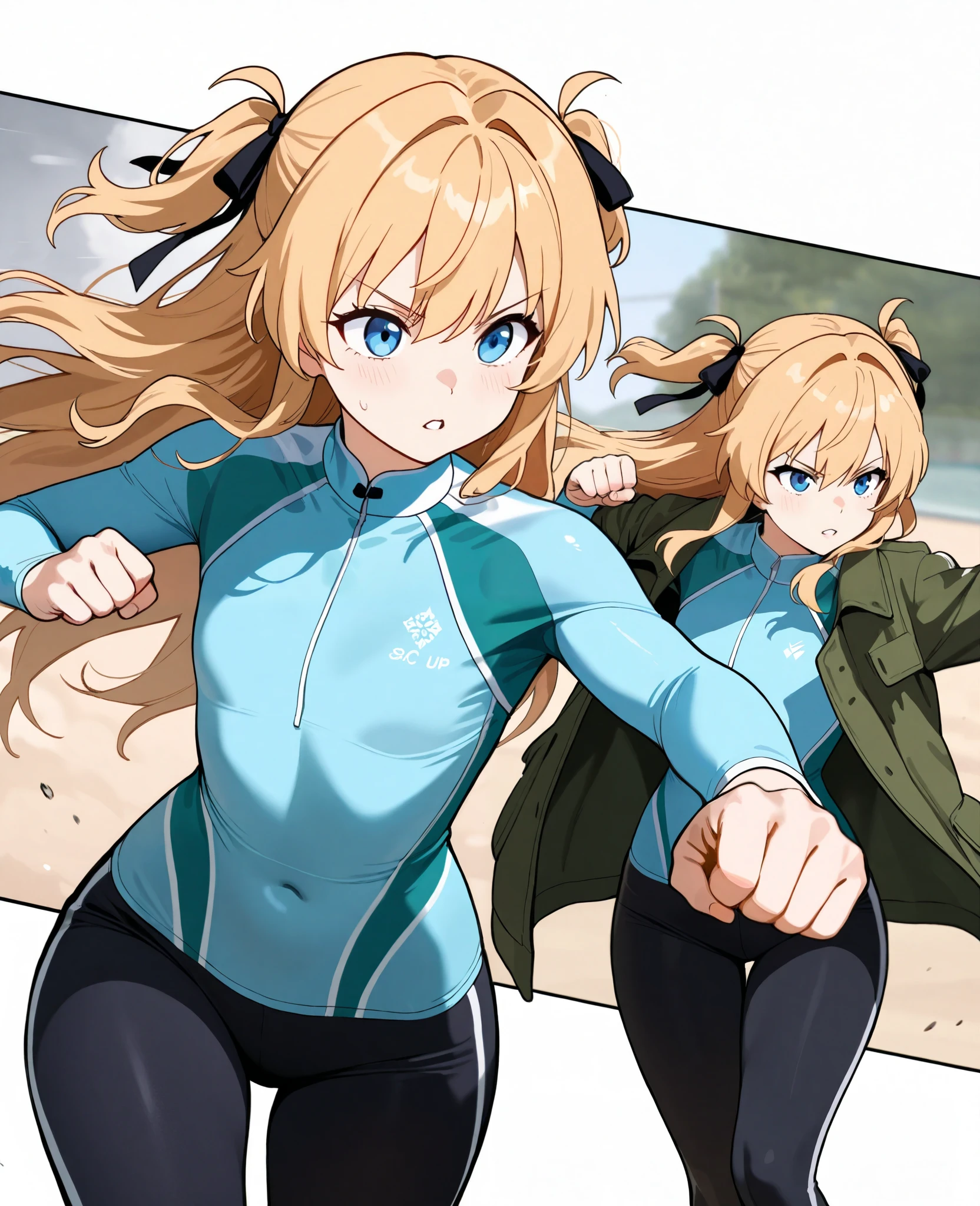 Japanese Women,( female 1: 1.8), Long Golden Hair,Two side hair, light blue rash guard ,green jacket coat, Black Leggings, (blue eyes), flat chest,Dairy-free, standing picture , cowboy shot,Handguard, fighting pose, punching , dynamic composition,Brave expression