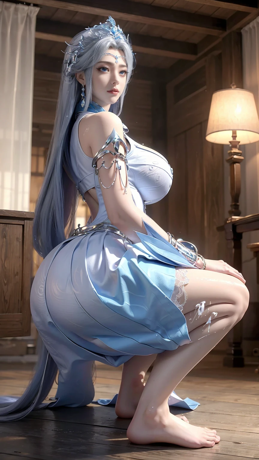 (masterpiece:1.2, best quality), realistic, (real picture, intricate details, depth of field), (1girl, solo), , highly-detailed, perfect face,(huge breasts:1.8), (extravagant dress), thick thighs, wide hips, attractive waist, tall, glossy ,(twintails honey blue hairs:1.2), (beautiful light blue eyes), sexy, blushing, Massive Cleavage, Disproportional , hanging breasts,
