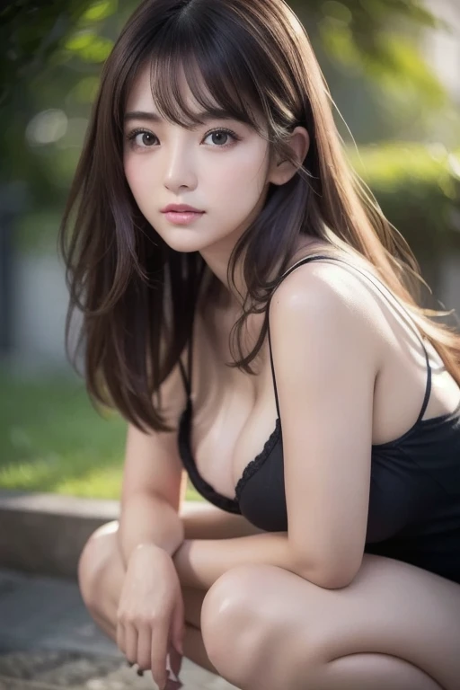 a beautiful young girl with cat ears headband, in the shade of a tree, wearing a black shirt and black shorts, (large breasts), (best quality,4k,8k,highres,masterpiece:1.2),ultra-detailed,(realistic,photorealistic,photo-realistic:1.37), intricate, detailed portrait,8K,((masterpiece)), ((best quality)), (ultra-detailed), High detail, professional photograph, highest quality, floating hair, beautiful detailed, (((realistic))), hyper realistic character,natural lighting ,beautiful detailed eyes,1girl, solo,blunt bangs, realistic, ((Forward Bend)) ,Side Angle