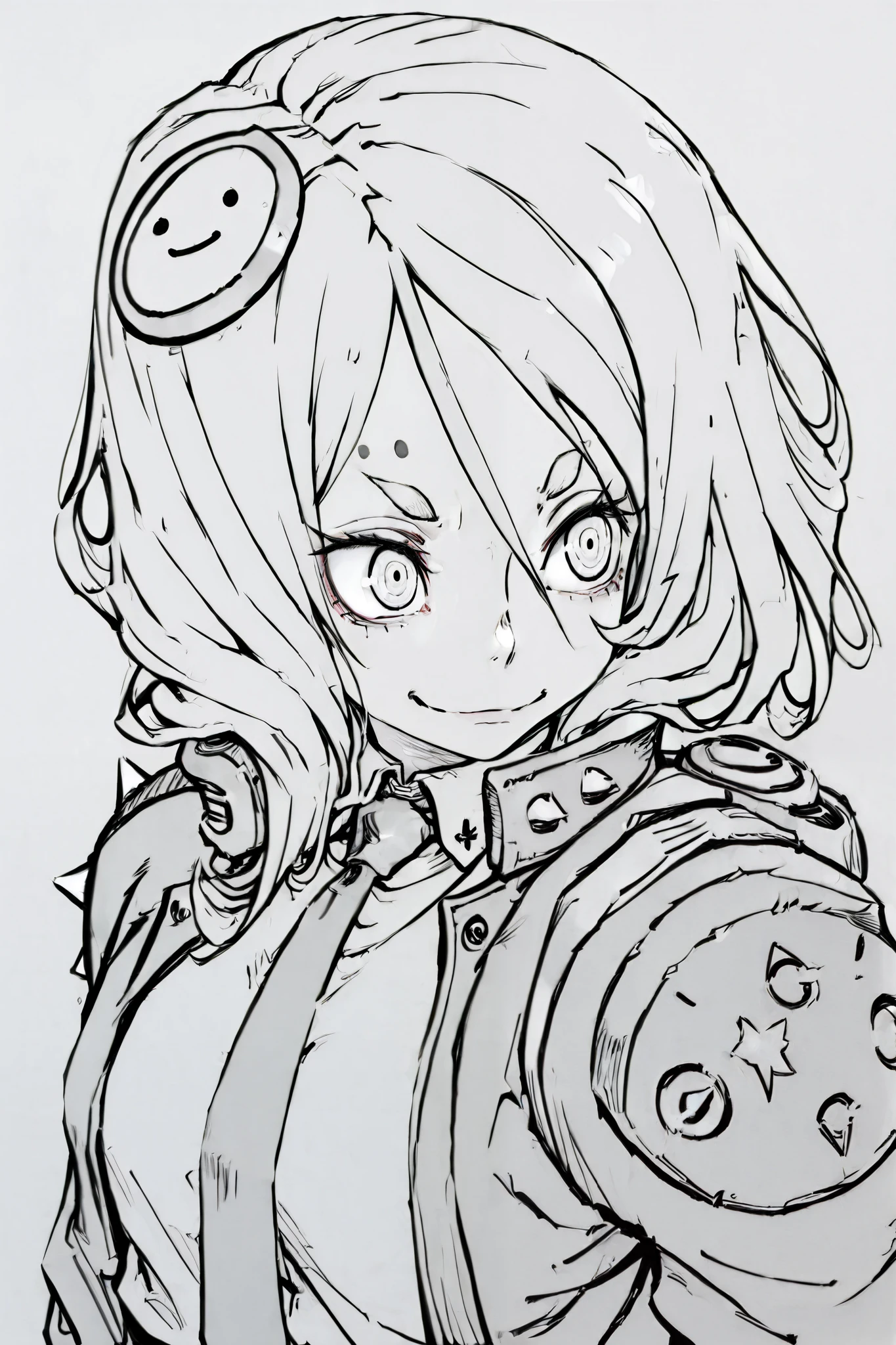 score_9, score_8_up, score_7_up, score_6_up, score_5_up, score_4_up,
BREAK
(masterpiece: 1.0), best quality, perfect anatomy, perfect composition, perfection,
BREAK
line-art, lineart, monchrome, greyscale, masterpiece. kdm style, no color
BREAK
1girl, school shirt, tie, jacket, spiked shoulder pads, shoulder length hair, hair over one eye, ringed eyes, googles on head, high angle, smile, small eyebrows, defined eyelashes
