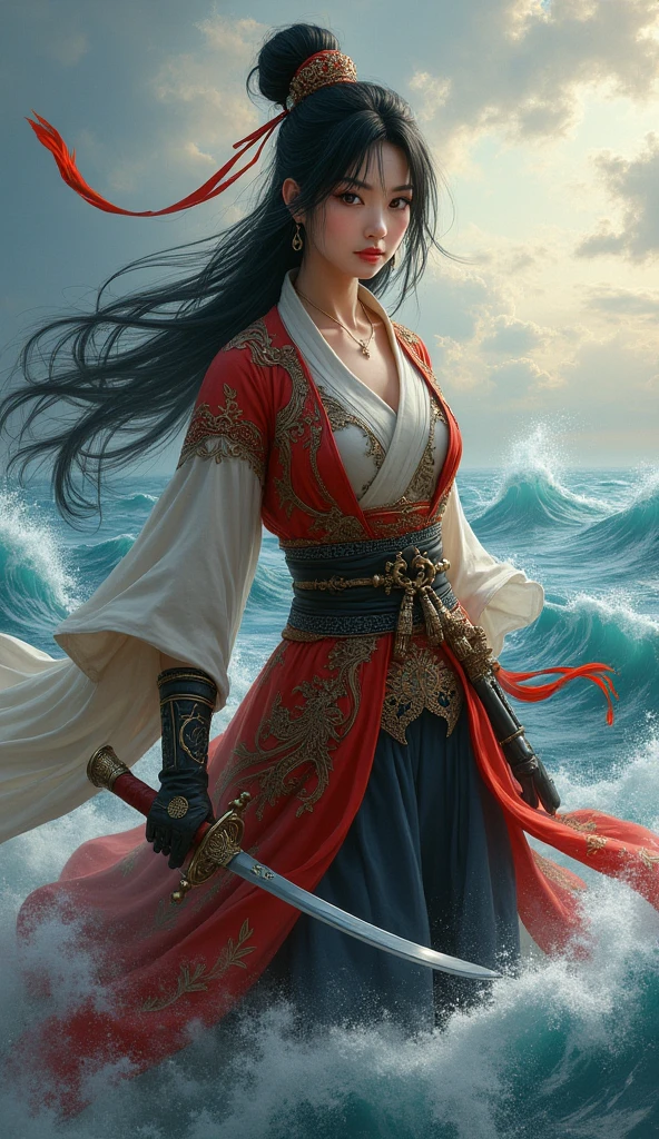 photo, (OceanSpectrum:0.75) in background, strong brave courageous (YokaiHunter:1.1) Standing foreground
