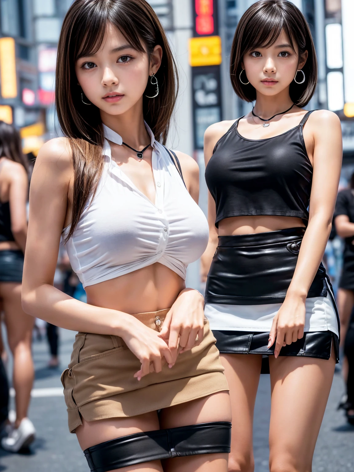 (8K、Raw photography、top-quality、​masterpiece:1.2)、(realisitic、Photorealsitic:1.37)、超A high resolution、depth of fields、Caustics、FujifilmXT3、​masterpiece、ultra-detailliert、(2 girls in)、16 and 28 years old、lesbian、Shinjuku's neon streets、natta、Night view of the building city、(Short transparent tank top、No bra、sweat pant、Panchira、T back)、slenderbody、Sexy navel、(((small tits)))、[big butts]、[thick waist]、Blonde braided hair、striated hair、a small face、cowboy  shot、Camel toe、The shape of the and pubic area is clearly visible,,、erotick、female dog、dark suntan line、Dark skin、Dark tanning line、Naughty look、Bumps on the protruding from the clothes,、Anatomically correct human structure、Areola showing through、From Side、