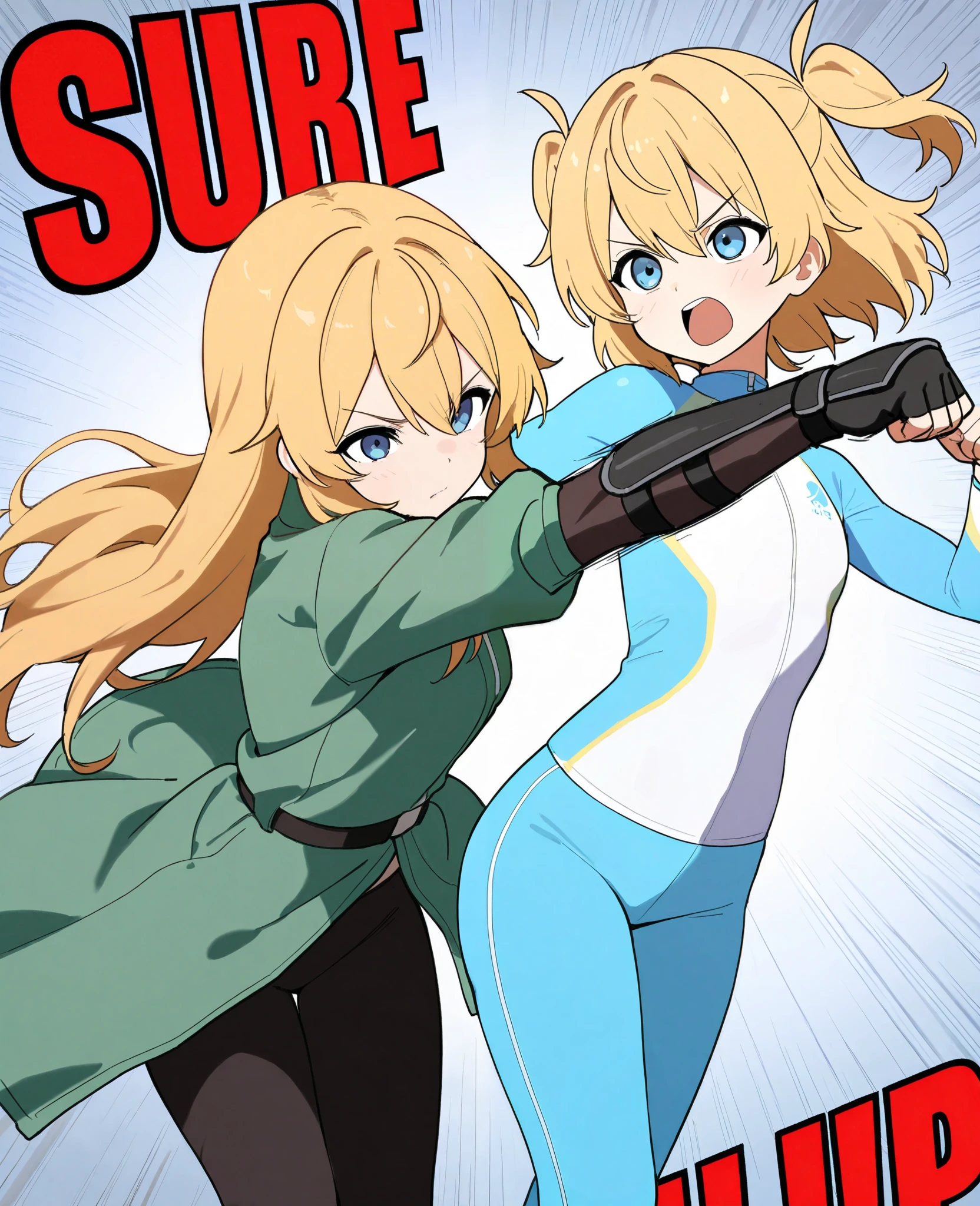 Japanese Women,( female 1: 1.8), Long Golden Hair,Two side hair, light blue rash guard ,green jacket coat, Black Leggings, (blue eyes), flat chest,Dairy-free, standing picture , cowboy shot,Handguard, fighting pose, punching ,Brave expression