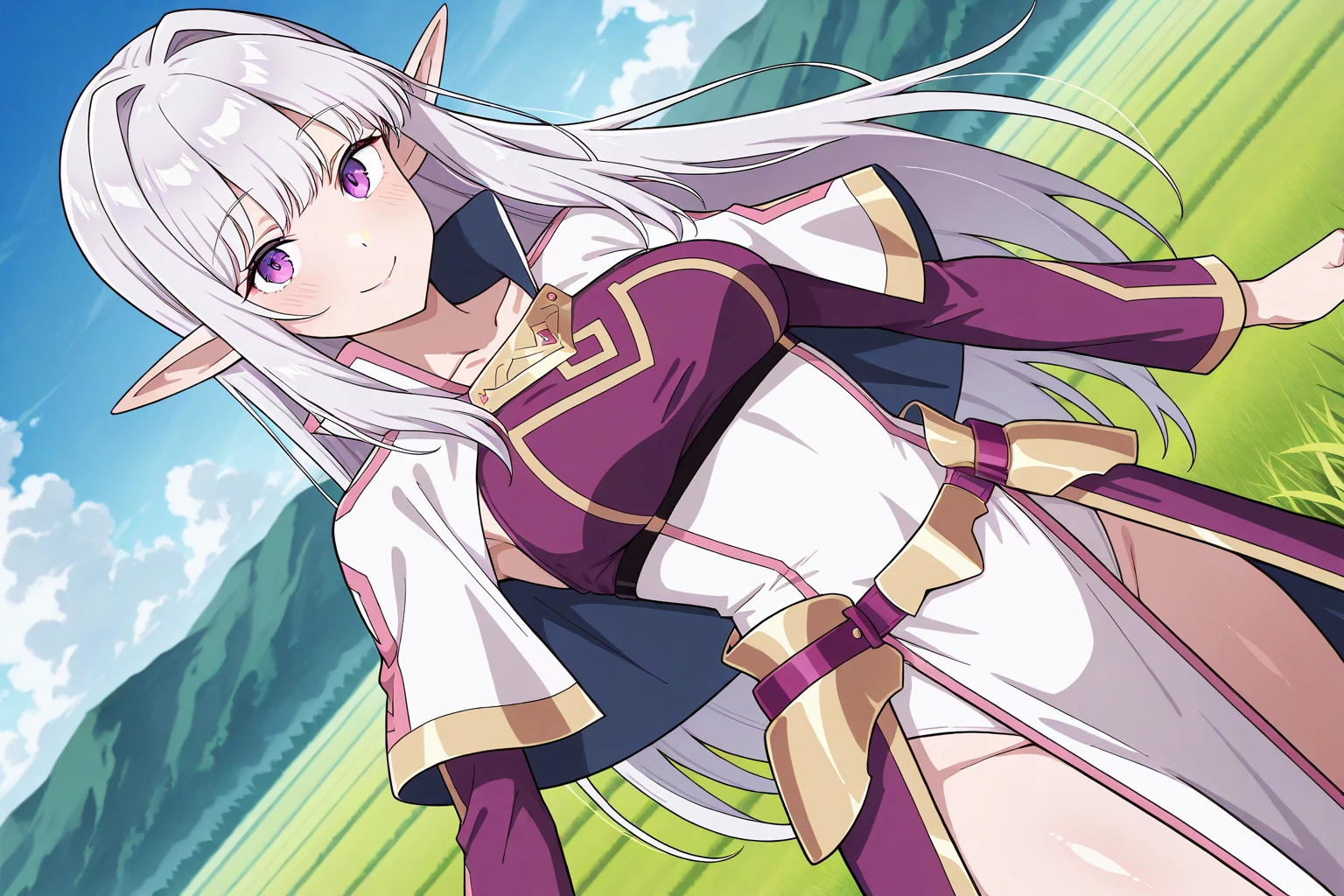 masterpiece,best quality,absurdres, amazing quality, shiny skin,
field, outdoors, blue sky, cowboy shot, smile, looking at viewer, standing,
mariabelle, 1girl, solo, long hair, pointy ears, purple eyes, elf, grey hair, medium breasts, pelvic curtain, capelet, dress, hair intakes, very long hair, long sleeves, collarbone, white capelet, (white leotard under clothes)
(purple belt:1), ((purple top:1.2))

dutch angle,

