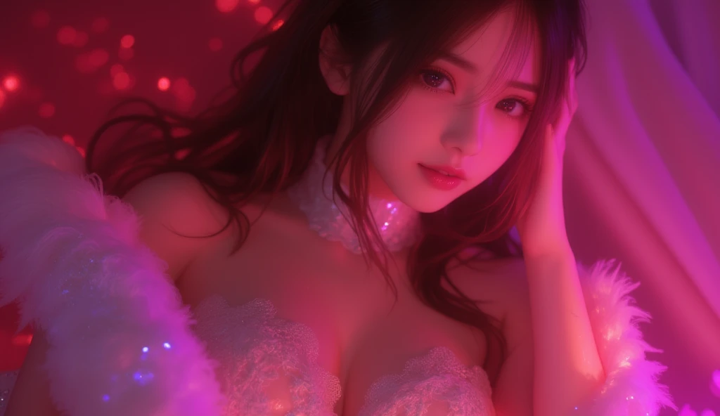 a beautiful young woman ((K-Pop singer Kim Gyu-mi (Sena), age 25), wearing an airy sheer Christmas night gown (shoulders exposed, open and untied down the middle, pubic hair shaved like a little heart) , nude except for night gown, her intimate areas partially exposed and very detailed), she is lying on her back on a bed decorated with Christmas silk sheets and is playing with a fluffy kitten while flirting with the viewer, Christmas lights have been hung along the edges of the ceiling , Christmas scene (best quality, 4k, 8k, highres, masterpiece:1.2), ultra-detailed, (realistic, photorealistic, photo-realistic:1.37), HDR, UHD, studio lighting, ultra-fine painting, sharp focus, physically-based rendering, extreme detail description, professional, vivid colors, bokeh, portrait, figurative, intimate, sensual, cozy, Christmas, warm lighting, chiaroscuro ( Along the top edge of the picture 'DO YOU TRUST ME' has been printed in Korean, and 'Girl Crush' is written over it in italics with neon pink ink. (show her entire body, show all of her)