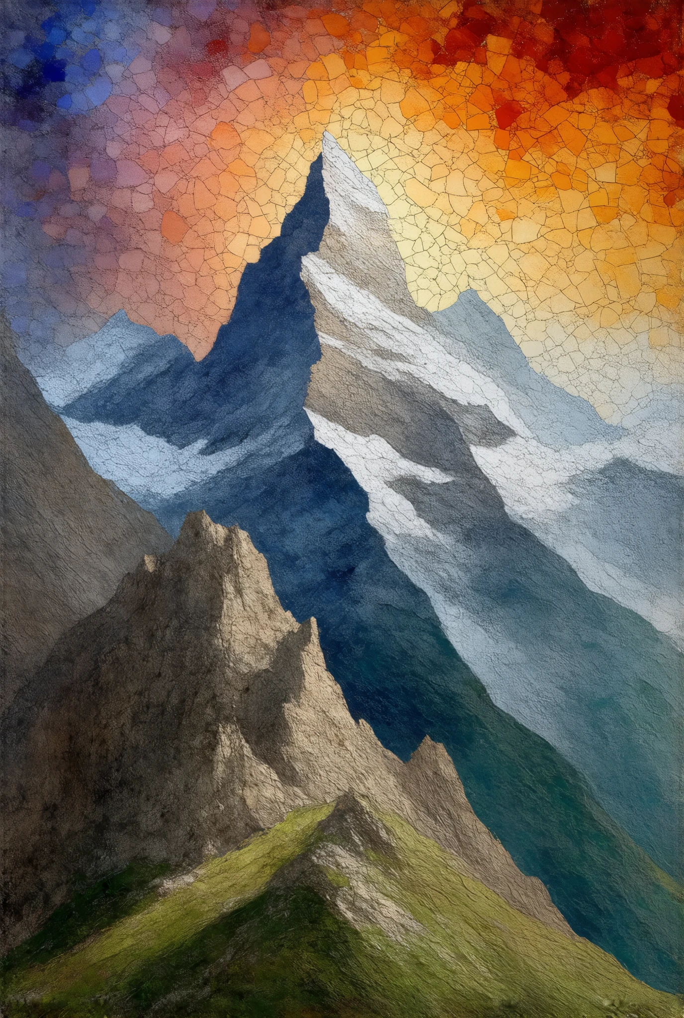 a surreal oil painting, a mountainous landscape with rugged peaks under a fractured mosaic sky, the sky is composed of colorful geometric shapes, creating a sense of a crack or break in the sky, impasto technique, vibrant and contrasting colors, dramatic lighting, a clear cloudless sky