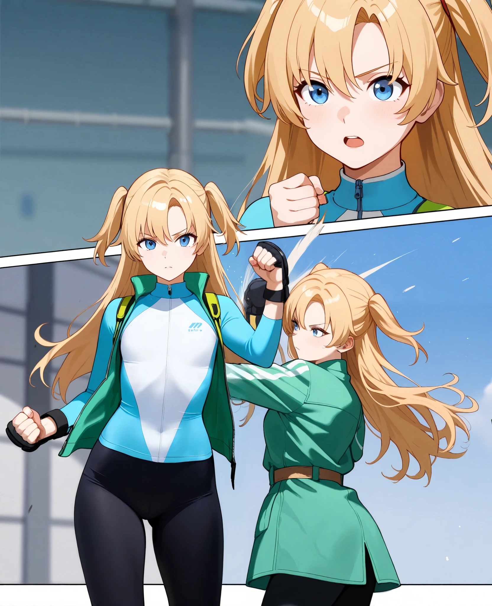 <lyco:flannders-08:0.7> flanders, 1girl, long hair, blonde hair, brown hair, 1boy, ponytail, teeth, bodysuit, headband, colored skin, facial hair, parody, crossover, zero suit