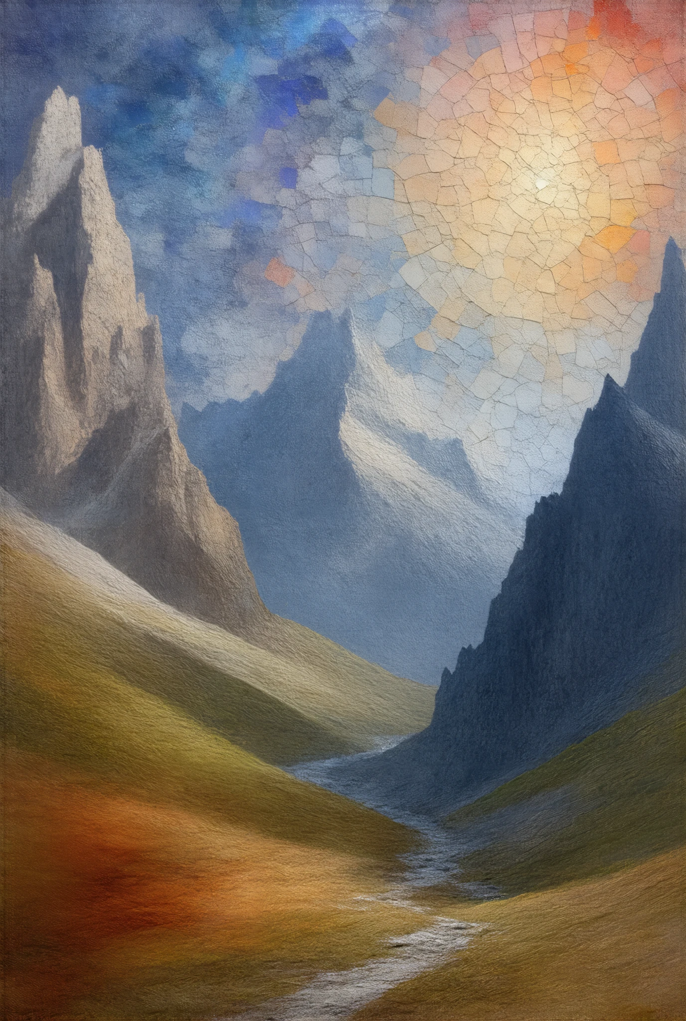 a surreal oil painting, a mountainous landscape with rugged peaks under a fractured mosaic sky, the sky is composed of colorful geometric shapes, creating a sense of a crack or break in the sky, impasto technique, vibrant and contrasting colors, dramatic lighting, a clear cloudless sky