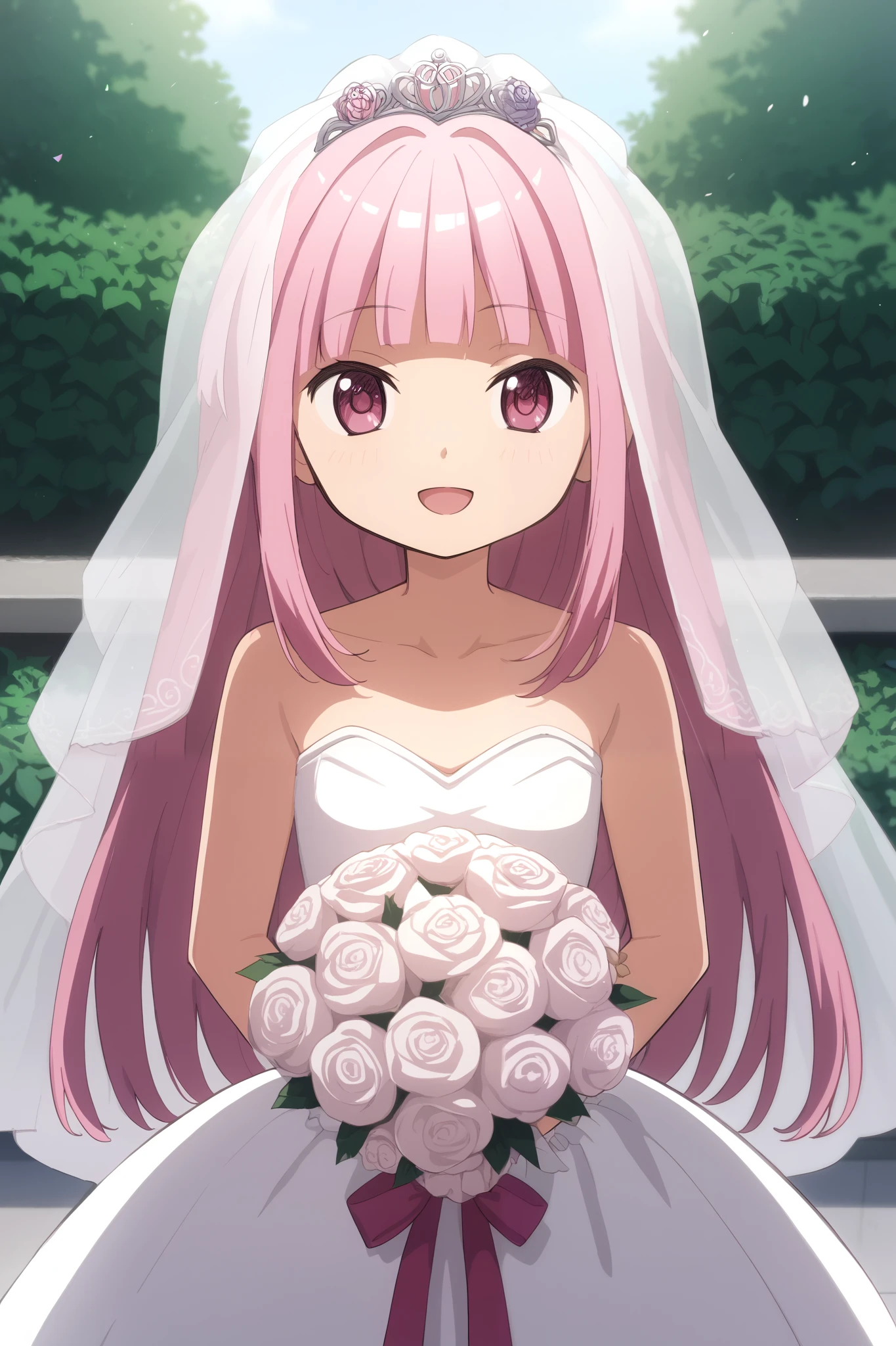 ((masterpiece), best quality, (((ultra detailed, 8k quality))), expressive eyes, perfect face, perfect anatomy, perfect body, scene, solo, 1girl, looking at viewer, iroha tamaki,bridal veil, wedding dress, white dress, strapless, garden, smile, open mouth, holding bouquet, confetti,