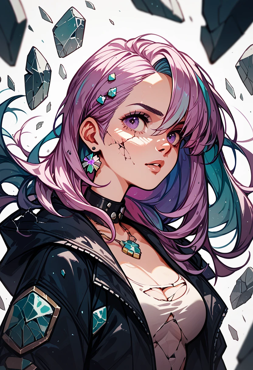 Android Girl,white hair,short and messy hair, purple neon eyes, Holding a chain whip,chains on the hands,chains action, chains around her arm, very cute, skirt, white blouse, cyberpunk theme