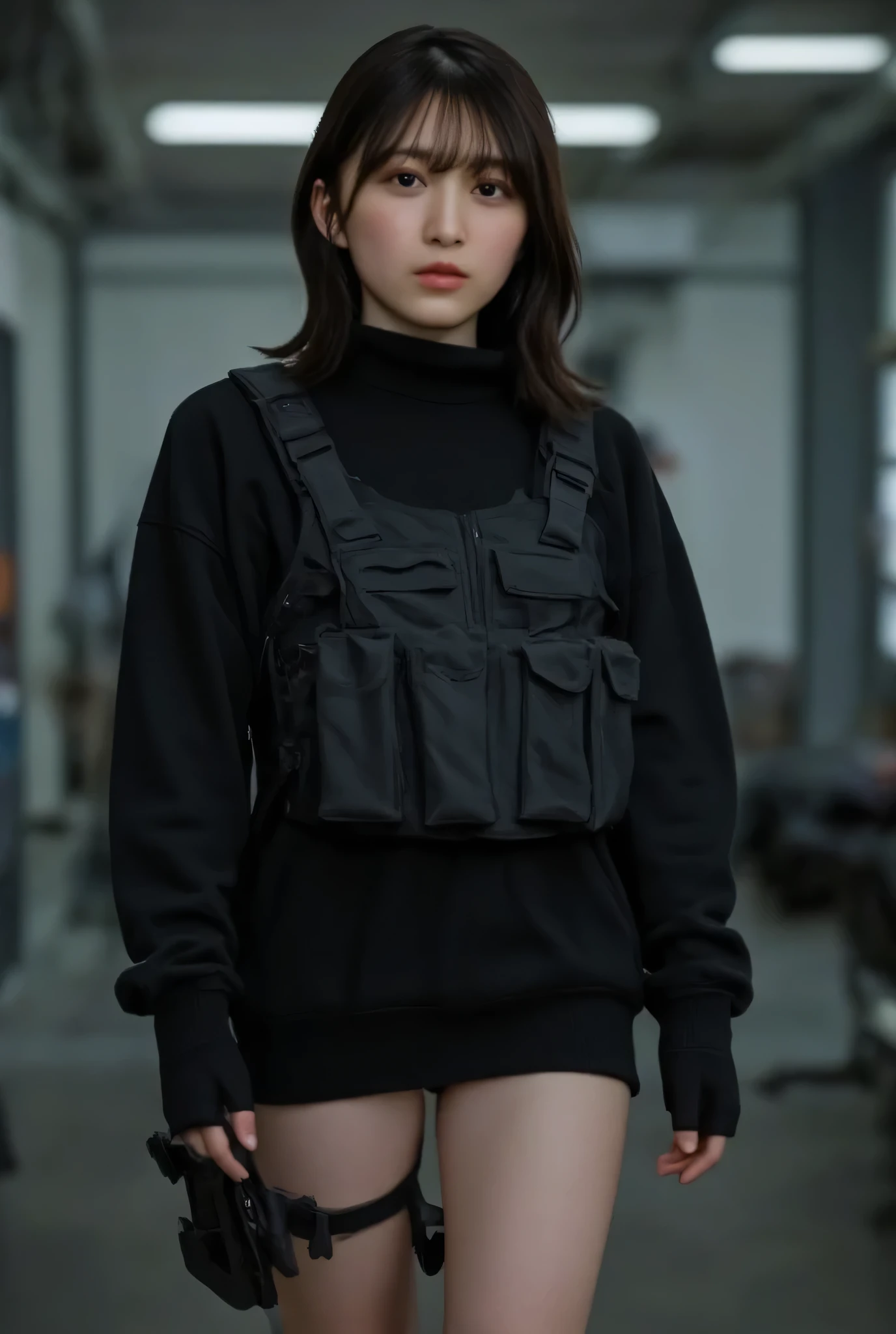 ((The dark background inside the base in the near future:2.0),(( cyberpunk vibe :1.5)),( blurry background:1.5),((whole body:2.0)),(((futuristic SWAT troop style black military vest:2.0))),((Perfect Naked:1.5)),(( Wearing a Military Vest on Naked :1.9)),((ear monitor:1.5)),(((Tactical Holster:1.5))),( gloves:1.5),( one woman), cute face,Beautiful well-balanced face ,( 20 year old Japanese woman), ( Glamorous Shots of Japanese Women ),( Slender Beautiful Body :1.5),( model body type),Slim body,(( big breasts:1.5)),( Accurate Depiction of Natural Nipples ),(firm nipples ),(((Bare thighs:1.8))),((Voluptuous thighs:1.5)),( delicate body:2.0),((Very sensual:1.5)),((Hold up a futuristic laser rifle:2.0)),(( perfect body line)),(( Ideal Proportions )),(((I can't wear panties:2.0))),(((( lower body nude:1.5)))), realistic skin texture,( natural big breasted :1.5),( black hair:1.5),( beautiful eyes:1.3),(( Shrimp:1.5)),A harmonious posture,(((masterpiece:2.0))),( best quality :1.5),( high resolution:1.5),(UHD:1.5),( movie lights:1.5),( Delicate Depiction),((( Carefully Depict Limbs Based on Perfect Anatomy:2.0)),( carefully drawn with butterfly wings ))),32K, Polo, ULTRA DETAILS,((超 high resolution)), Draw eyelashes carefully, ( very detailed face:1.5),((Highly detailed female hand:1.8)),(Sexy appearance:1.5), concept art