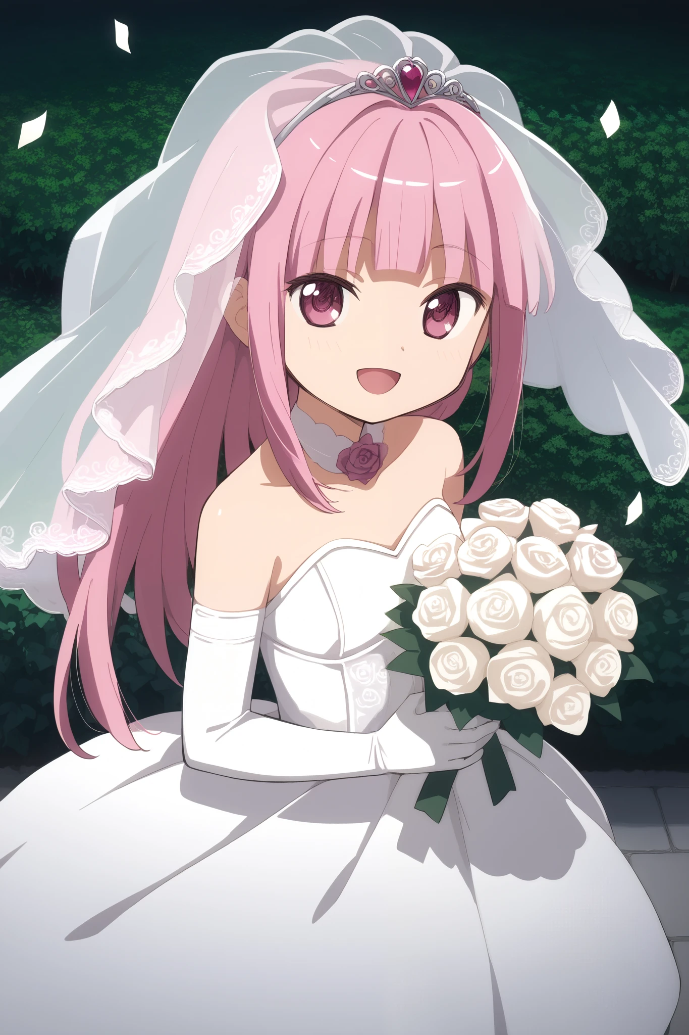 ((masterpiece), best quality, (((ultra detailed, 8k quality))), expressive eyes, perfect face, perfect anatomy, perfect body, scene, solo, 1girl, looking at viewer, iroha tamaki,bridal veil, wedding dress, white dress, strapless, garden, smile, open mouth, holding bouquet, confetti,