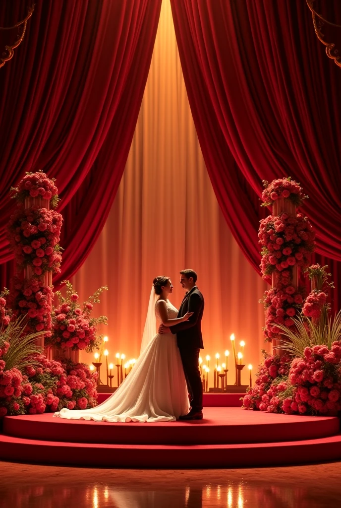A gothic castle behind infront of that a beautiful girl in red ball gown, beside her two handsome men in red tuxedo a infront of fl and fl placing her hand on little girl's shoulder
