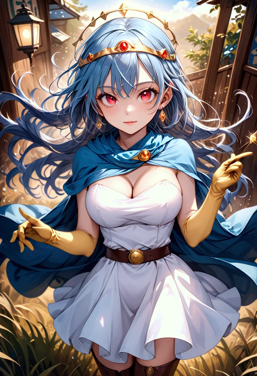(A woman is shooting fireballs from the palm of her hand, Cast a spell, Windでスカートがめくれている, White panties with red ribbon:1:3), Beautiful Anime Woman, Beautiful art style, Anime characters, ((Smooth texture, Realistic texture, Anime CG Style)), ((Highest quality)), (Very detailed), (Very detailed CG 統合 8k 壁紙), Very detailed, High-resolution RAW color photos, Professional photography, masterpiece, Highest quality, Beautiful and big breasts, Slender body, (Stunningly beautiful woman), (Detailed face:1.2), (Blue Hair, White Dress, Red eyes, Circlet, Cleavage, Blue Cape), Outdoor, nature, Wind, Perfect lighting, Perfect Shadow, Exact number of arms, Exact number of legs, Perfect Anatomy, Exact finger count、Exact number of legs、(Exact number of arms:1.0, Exact number of hands:1.0), (Perfect hands, Perfect Anatomy), (Rin々A cute smile), Angle from the front, Dragon Quest