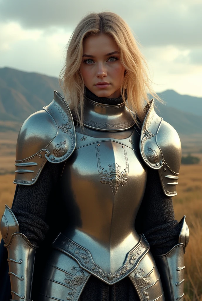 Laura is very beautiful wearing a silver armor she has blonde curly hair