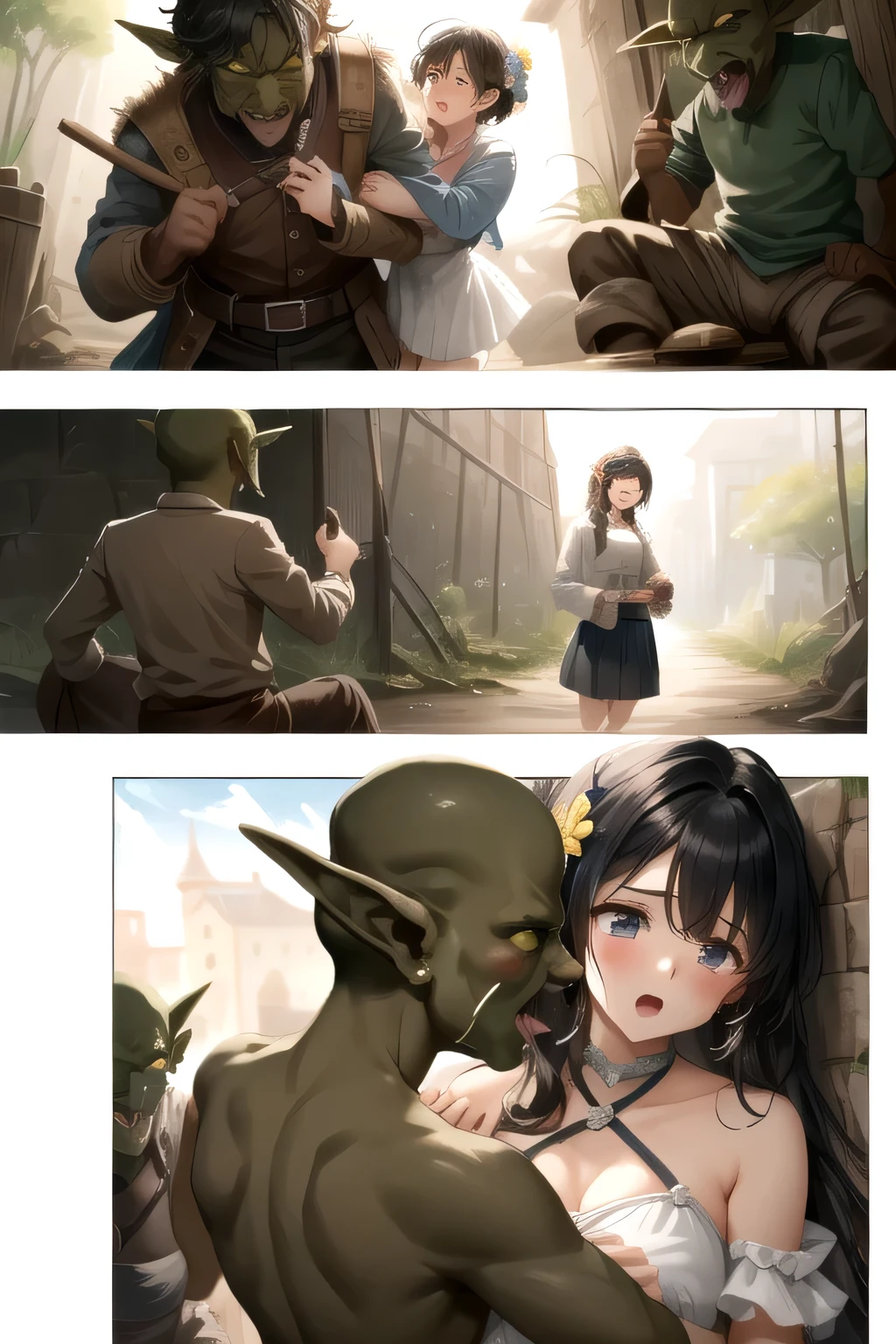、(Masterpiece、  best quality 、   super high resolution )、(  perfect face 、  beautiful faces、  beautiful eyes)、(comics、 manga 、story)、armor、 Flower Hair Ornament、Ruins、 Imprisonment、Prisoner、Battle with Goblins、Goblin attacks a woman 、 a goblin grabs a human woman 、   a goblin is hugging a human woman 、  women hate it 、Women cry、(((2 men、female 1 person,))、Goblin licks a woman 、 puts her finger in her pussy
