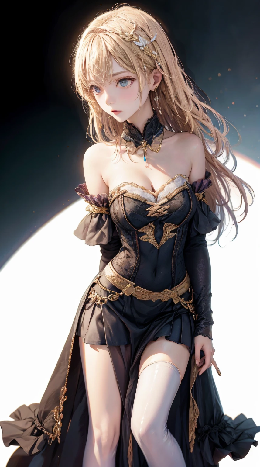Beautiful miniskirt girl wearing knee-high boots, delicate face, delicate eyes, two-side up, beautiful breasts, revealing clothes, sexy costumes, navel, shiny clothes, enamel costumes