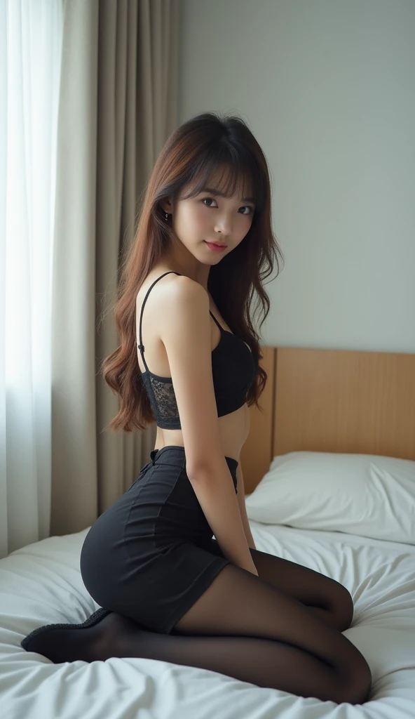 Cute Korean girl wearing a black shirt with no panties, wearing stockings