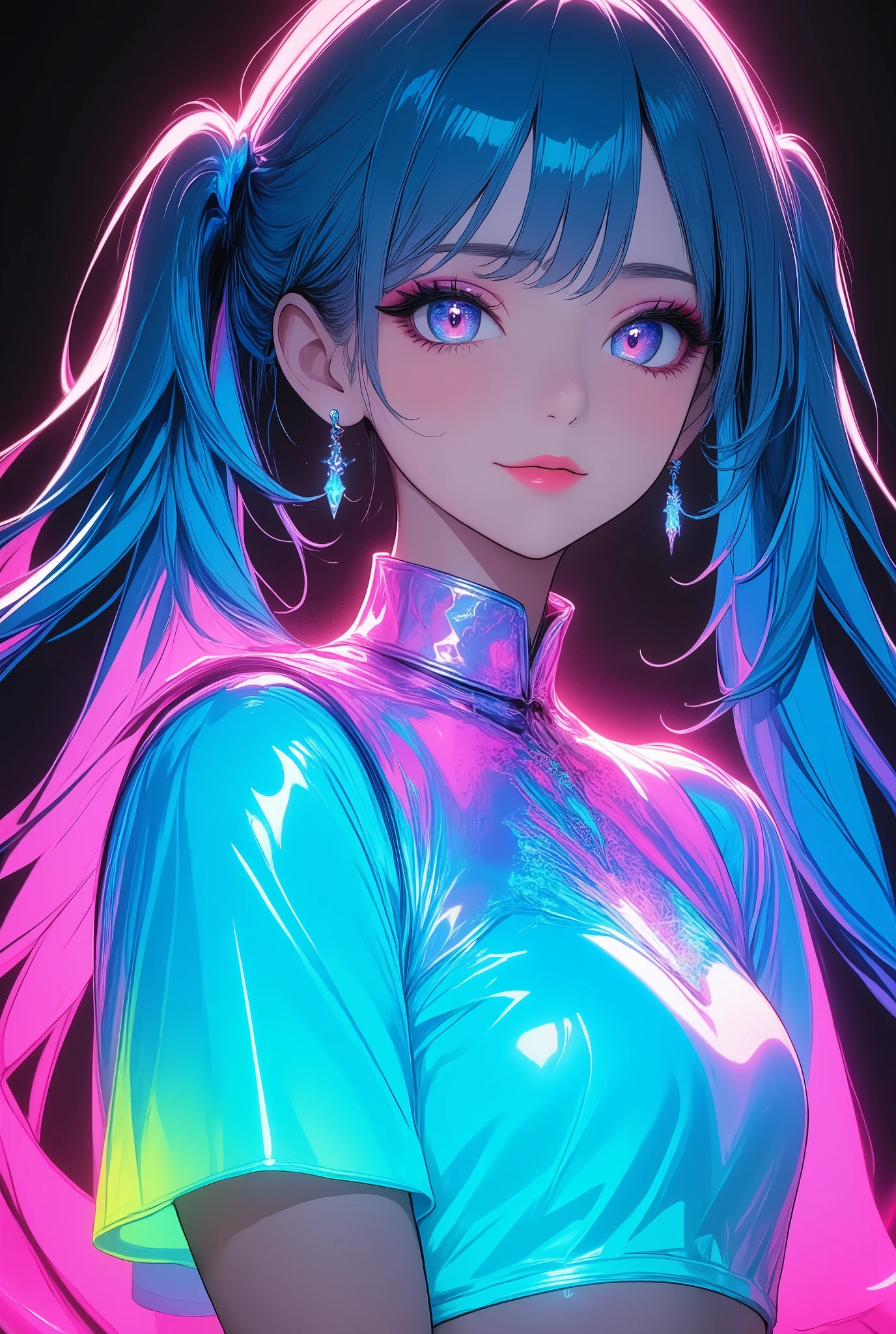  Hatsune Miku, Neon Girl,  live stage , (turquoise color hair ,  twin tails), ((( turquoise color dress, Collared dress , cropped tops ,  miniskirt))), smile:1.6, smile, Laugh, ((Dance Motion,  Random Actions)),  colorful ,  lively, Glowing Contours, neon,  black light ,  look at viewers,  best quality ,  very aesthetic, masterpiece,  Highest Image Quality, up to date,