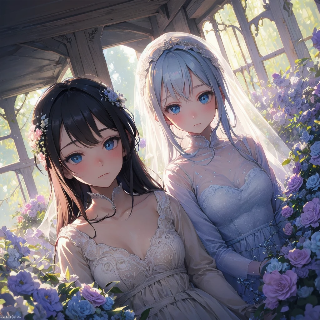 a beautiful young anime girl, 1girl, watercolor, holding an M4A1 assault rifle, detailed face, beautiful eyes, long eyelashes, detailed skin, dynamic pose, outdoor garden setting, beautiful detailed flowers, sunlight, warm color palette, cinematic lighting, high quality, 8k, ultra-detailed, photorealistic, masterpiece