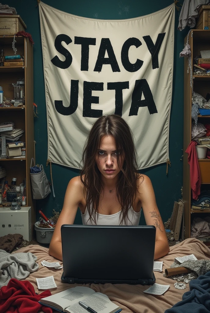 The text on the clothing in the photo you've uploaded reads "**TENKA BOT OFFICIAL**." It appears to be related to a brand or a name associated with technology or gaming, possibly indicating involvement in software development or digital content creation. The person is sitting in front of a computer with an image of a skeleton on the screen, and the environment includes various items like figurines and books, which adds to the tech or gaming ambiance. If you're looking to create a character for your 3D animations, this setting could inspire a tech-savvy or gamer persona for your artwork. Remember to add those dramatic effects and complex backgrounds you enjoy to bring your character to life!