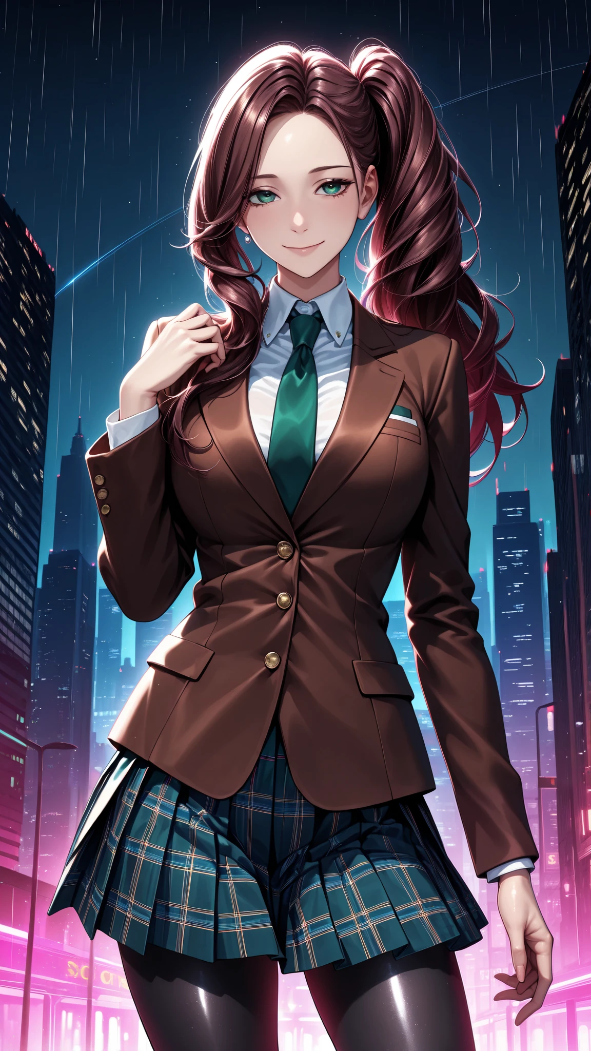 masterpiece, best quality, vibrant, very aesthetic, high contrast, anime style, semirealistic, newest, shiny skin,slender, cinematic-lightning, Enhance colors to maximum saturation, cowboy shot, high contrast, 1girl, detailed eyes, green eyes, slightly smile, detailed semi-long hair, dark brown silky hair, forehead, sliced back hair, side ponytail, contrapposto, Captivating thighs, uniform, brown blazers, Green tie, Plaid Pleated Skirt, black tights, rainy cyber city, at night