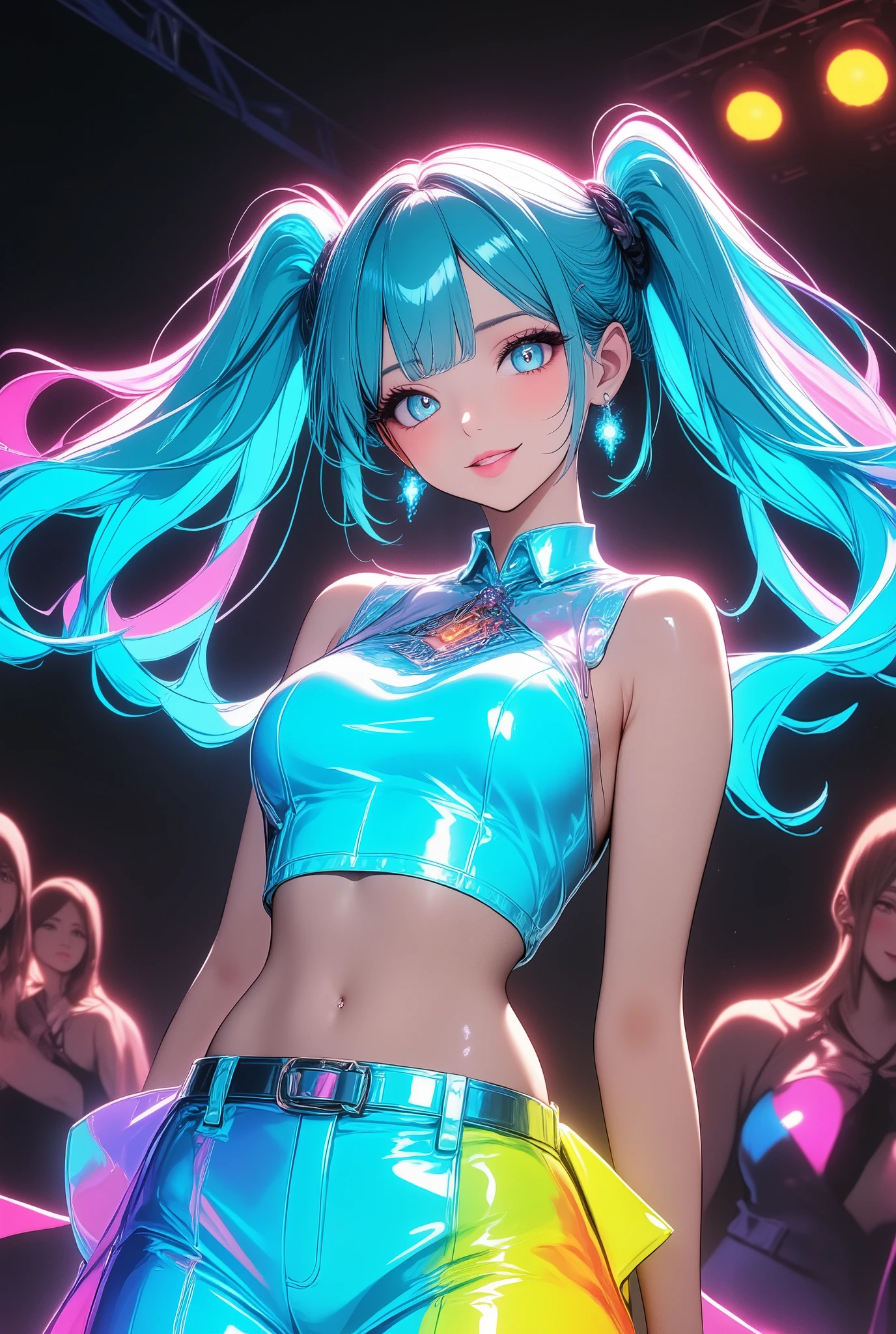 Hatsune Miku, Neon Girl, live stage , (turquoise color hair , twin tails), ((( turquoise color dress, Collared dress , cropped tops , miniskirt))), smile:1.6, smile, Laugh, ((Dance Motion, Random Actions)), colorful , lively, Glowing Contours, neon, black light , look at viewers, best quality , very aesthetic, masterpiece, Highest Image Quality, up to date,