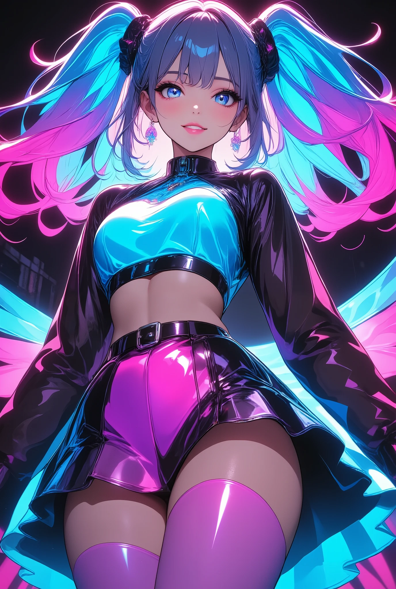 Hatsune Miku, Neon Girl, live stage , (turquoise color hair , twin tails), ((( turquoise color dress, Collared dress , cropped tops , miniskirt))), smile:1.6, smile, Laugh, ((Dance Motion, Random Actions)), colorful , lively, Glowing Contours, neon, black light , look at viewers, best quality , very aesthetic, masterpiece, Highest Image Quality, up to date,