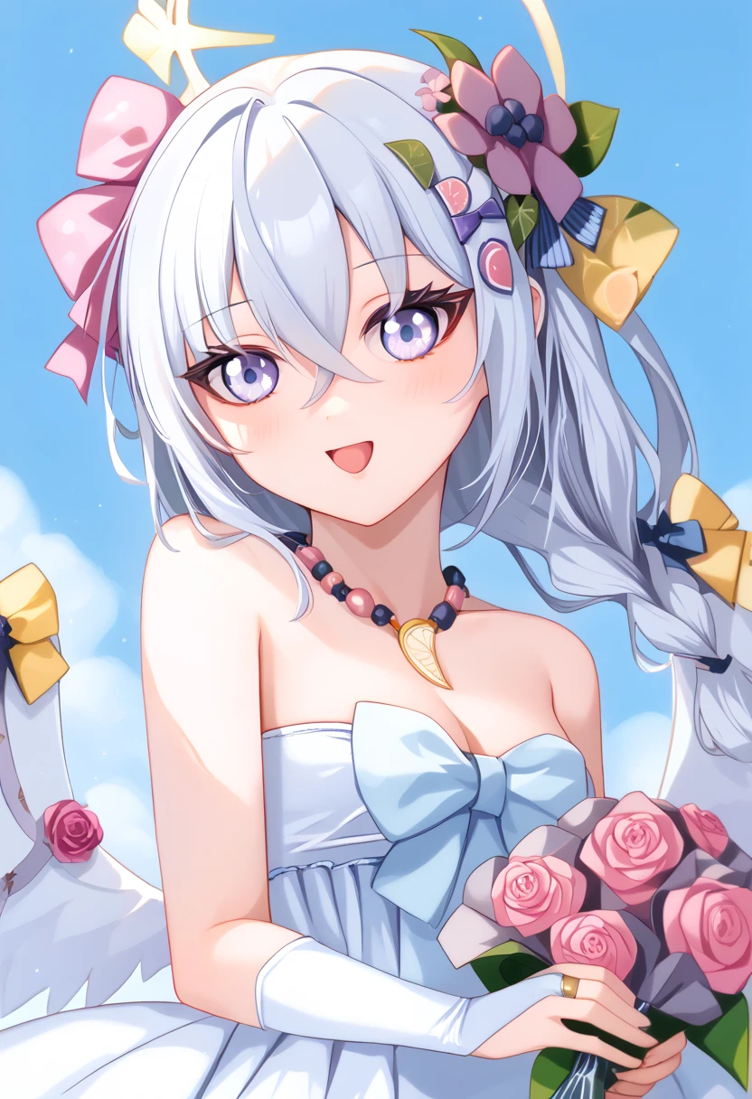 1girl in, Solo, flower, Dress, Closed mouth, Happy, Smile, 鎖骨, Breast, (cleavage), Puffy sleeves, white Dress, purple Dress, elBow gloves, earrings, Necklace, (tiarra), Jewelry, Golden, lace trimmed, Bow, Floral background