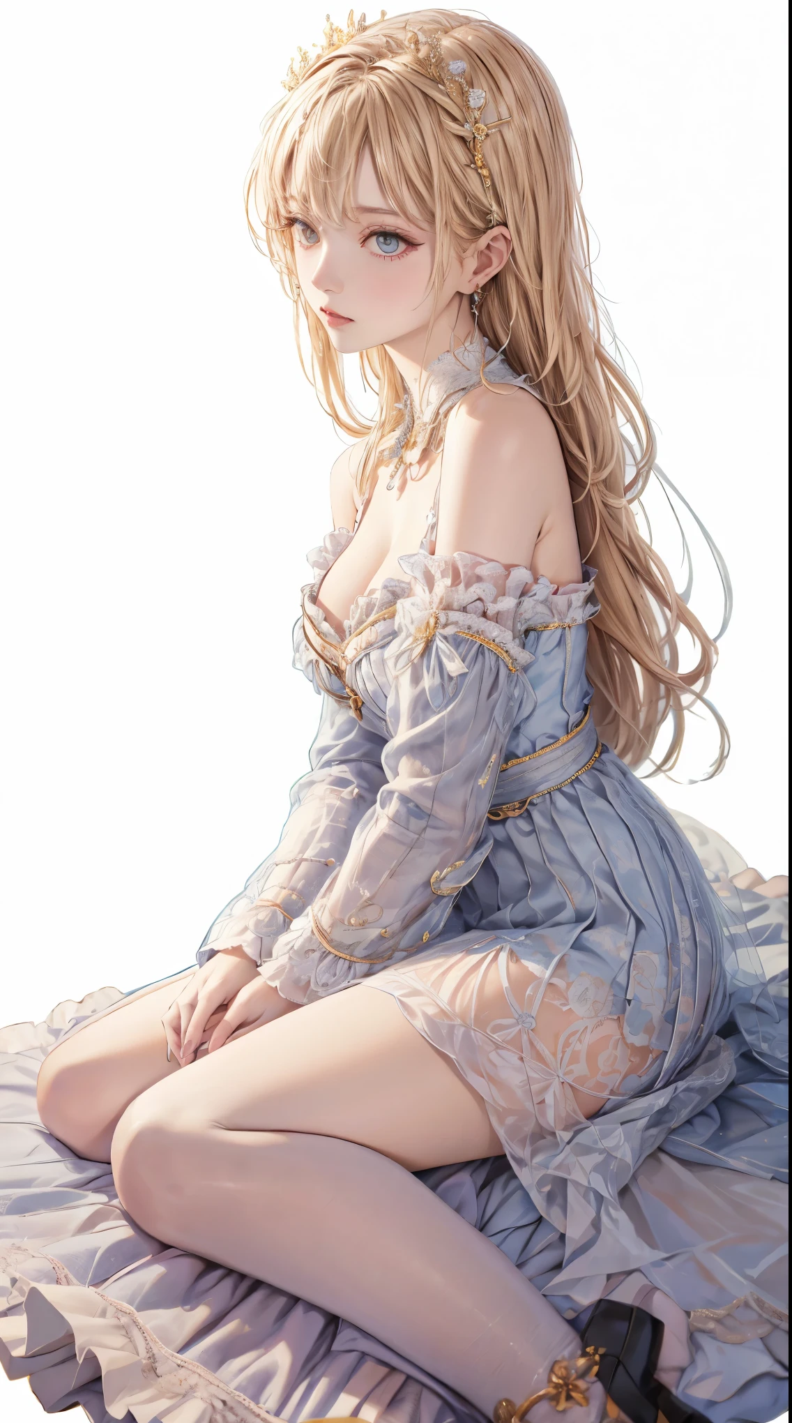 Masterpiece,  High Quality ,  high resolution, 16k,   Makoto Shinkai's illustration  , Detailed background,  young woman, Flashy Blonde ,  long hair,  earrings,  gals,  tanned brown skin,  long lashes,  Beautiful Eyes,  sexy face, Nice cleavage,  above the knee socks ,  Off-the-shoulder clothing,  tight skirt,whole body,  looking away,  side angle,