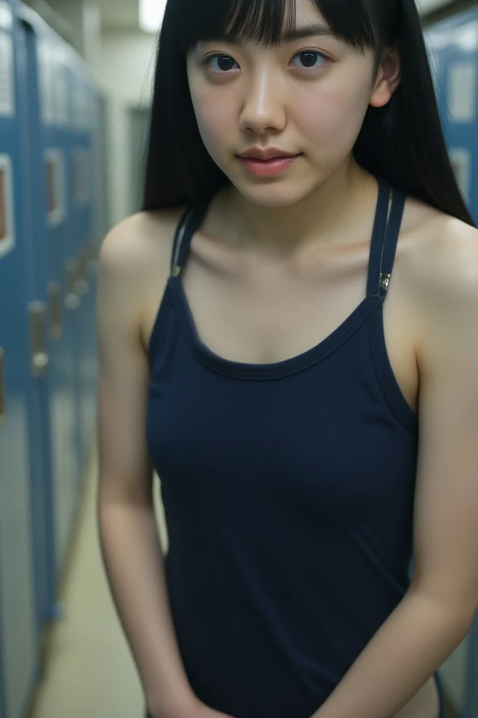 , slender girl, (make up:1.1), (white short camisole:1.2), small breasts, at school room, (upper body shot:1.1), cowboy shot
