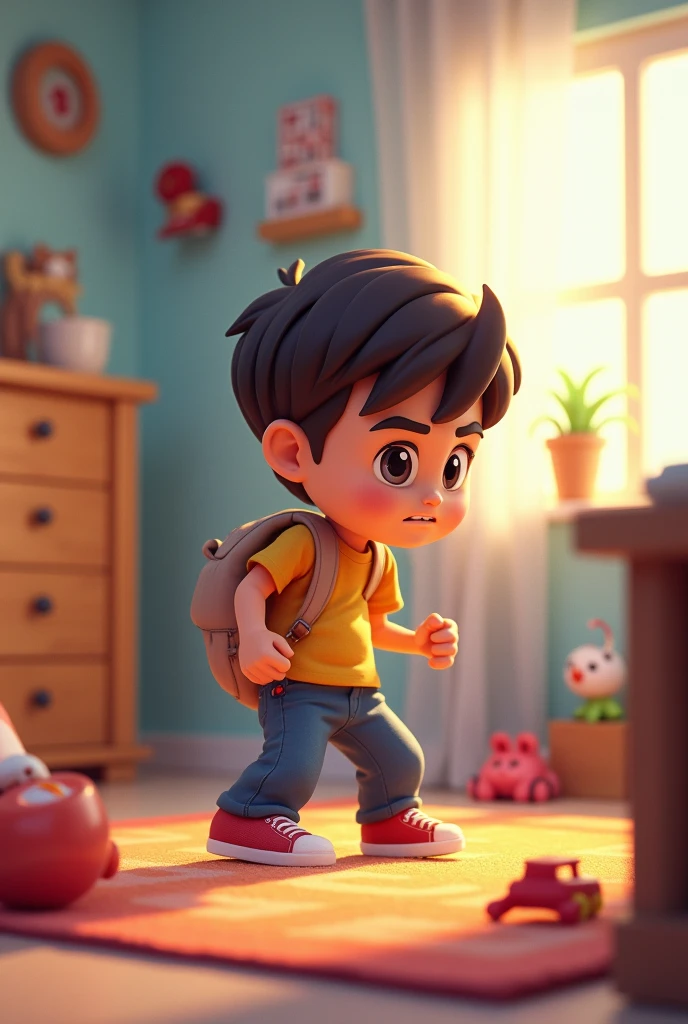 Child unplugged the TV, The boy is wearing blue pants and a white shirt., The boy is carrying a black backpack on his back., Make sure the child has the TV plug in his hand while unplugging it..