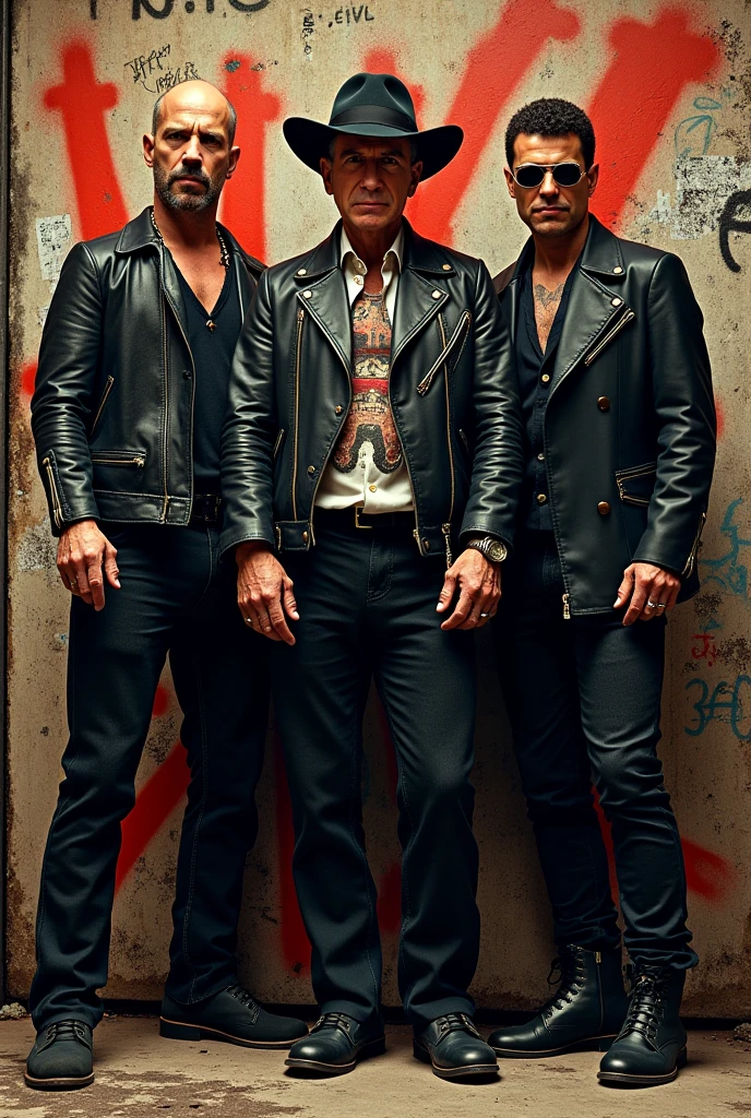 Movie posters, strong people, handsome guys, leather gear, fine details, intricate, three-dimensional lighting, 4K rendering, ultra-realistic, realistic textures,