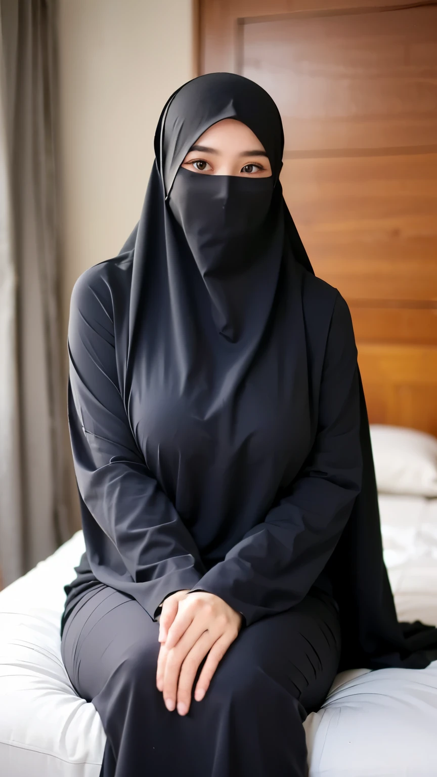 a beautiful young woman hijab, (((super big breast))), (very big breast covered) perfect face, (((very huge big breast,))), ((( Big Breast))) long dress muslim, (((covering mouth, long veil))), Slim Face、20 years old, stil young, Pretty Lady, smile eyes, sleep in bedroom, stand up, (big breast covered) , see full image
