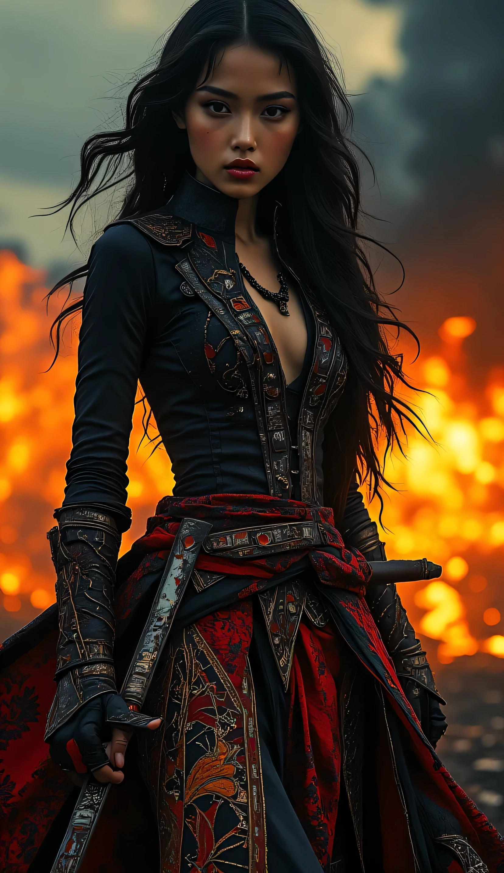of a warrior woman in an epic setting . He wears a black kebaya with lace details that elegant transparent typical traditional Indonesian, with batik cloth bottoms and a red Batik patterned shawl tied around her waist , with ornaments showing details of her design , Her sword , reflecting blood , is held with both hands in a defending or attacking position , show the intensity of the battle . His face is full of determination , with a sharp look and some scars adds to the impression of toughness and fearlessness . Her partially unraveled hair in the wind , emphasize the dynamics of movement in the image . x} The background reflects the chaotic atmosphere of the battlefield , with fire effect , at night splashes of blood , and contrasting color , giving an action-packed dramatic atmosphere .