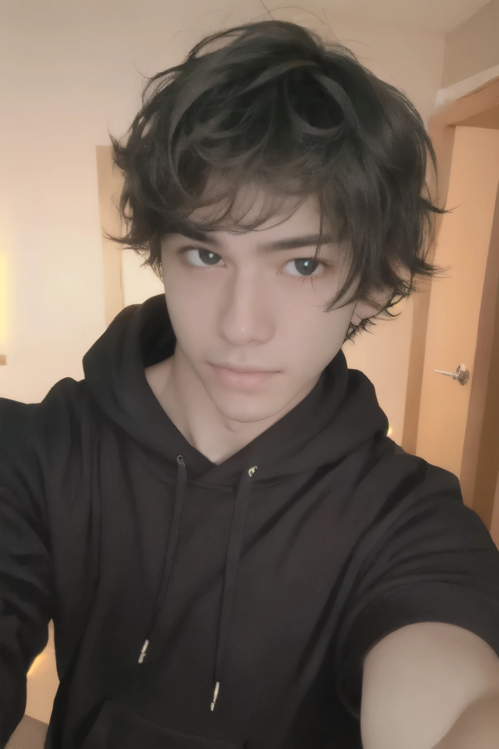  boy with black bob hair, beautiful, handsome, cute, black eyes, very fair skin, wearing a black hoodie, taking a selfie in the room 
