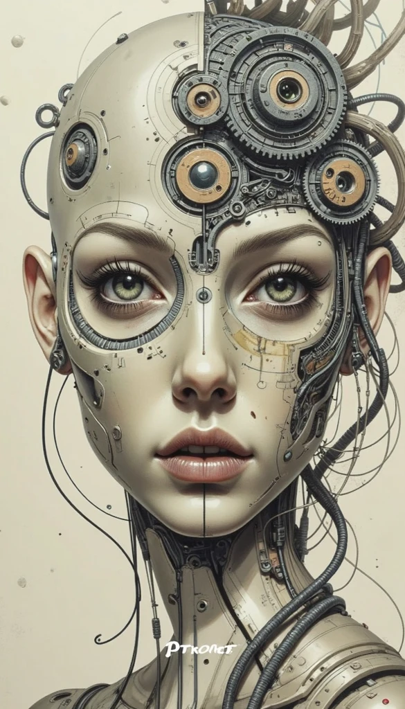 image of a futuristic woman in a robotic head gear, in the style of dark white, neon colors, and dark black, influenced by ancient Chinese art, audio-visual installations, dada-inspired sculptures, steelpunk, symmetrical design