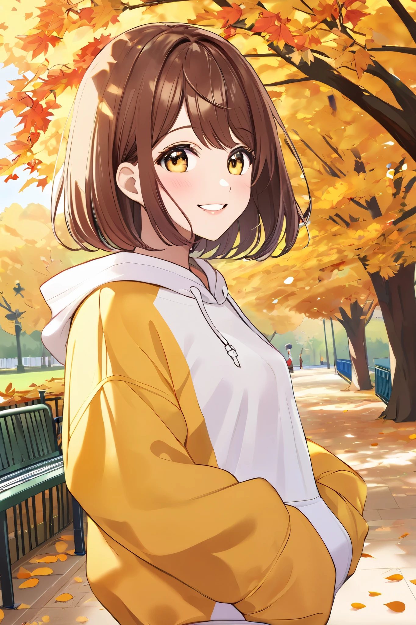 high school girl、Bronze colored hair、 short bob hair、yellow and white hoodie、smile、autumn、Waliking、park、Noon、diagonal view